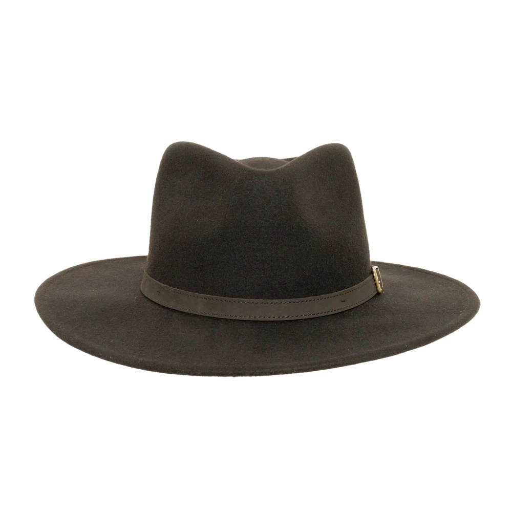 A front view of a lassen black outback hat 