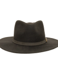 A front view of a lassen black outback hat 