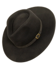 An angle view of a lassen black outback hat