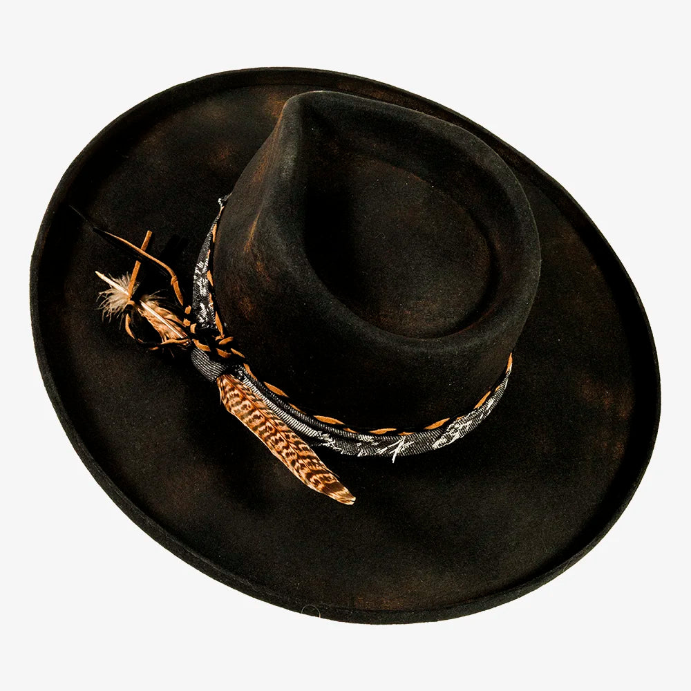 Lenny | Womens Distressed Wool Felt Teardrop Wide Brim Fedora Hat