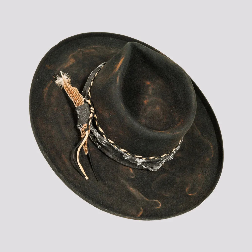 Lenny | Womens Distressed Wool Felt Teardrop Wide Brim Fedora Hat