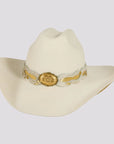 Lizzie | Womens White Felt Cattleman Cowgirl Hat with Gold Feathers and Concho