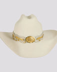 Lizzie | Womens White Felt Cattleman Cowgirl Hat with Gold Feathers and Concho