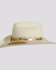 Lizzie | Womens White Felt Cattleman Cowgirl Hat with Gold Feathers and Concho