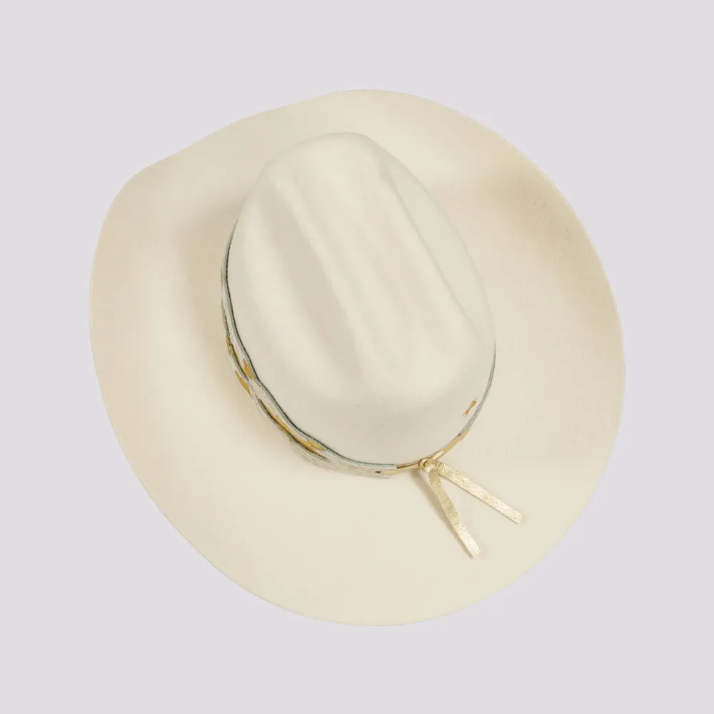 Lizzie | Womens White Felt Cattleman Cowgirl Hat with Gold Feathers and Concho