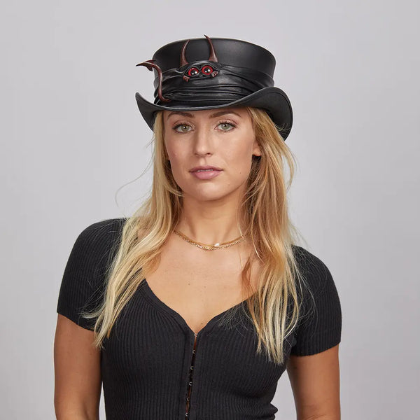 Marlow Lil Evil Womens Leather Top Hat with Lil Evil Hat Band American Hat Makers