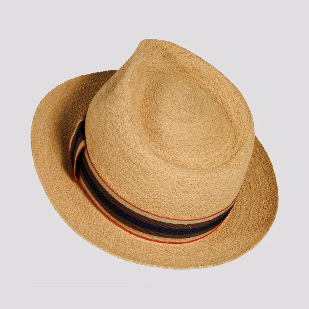 Oslo | Mens Woven Raffia Braid Fedora Hat with Striped Band Oslo | Mens Woven Raffia Braid Fedora Hat with Striped Band