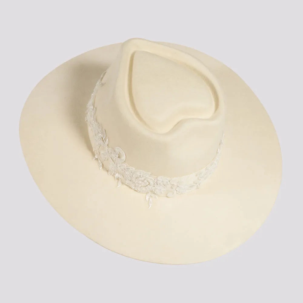 Pearl | Womens Wool Felt Ivory Western Fedora Hat with Pearl Applique