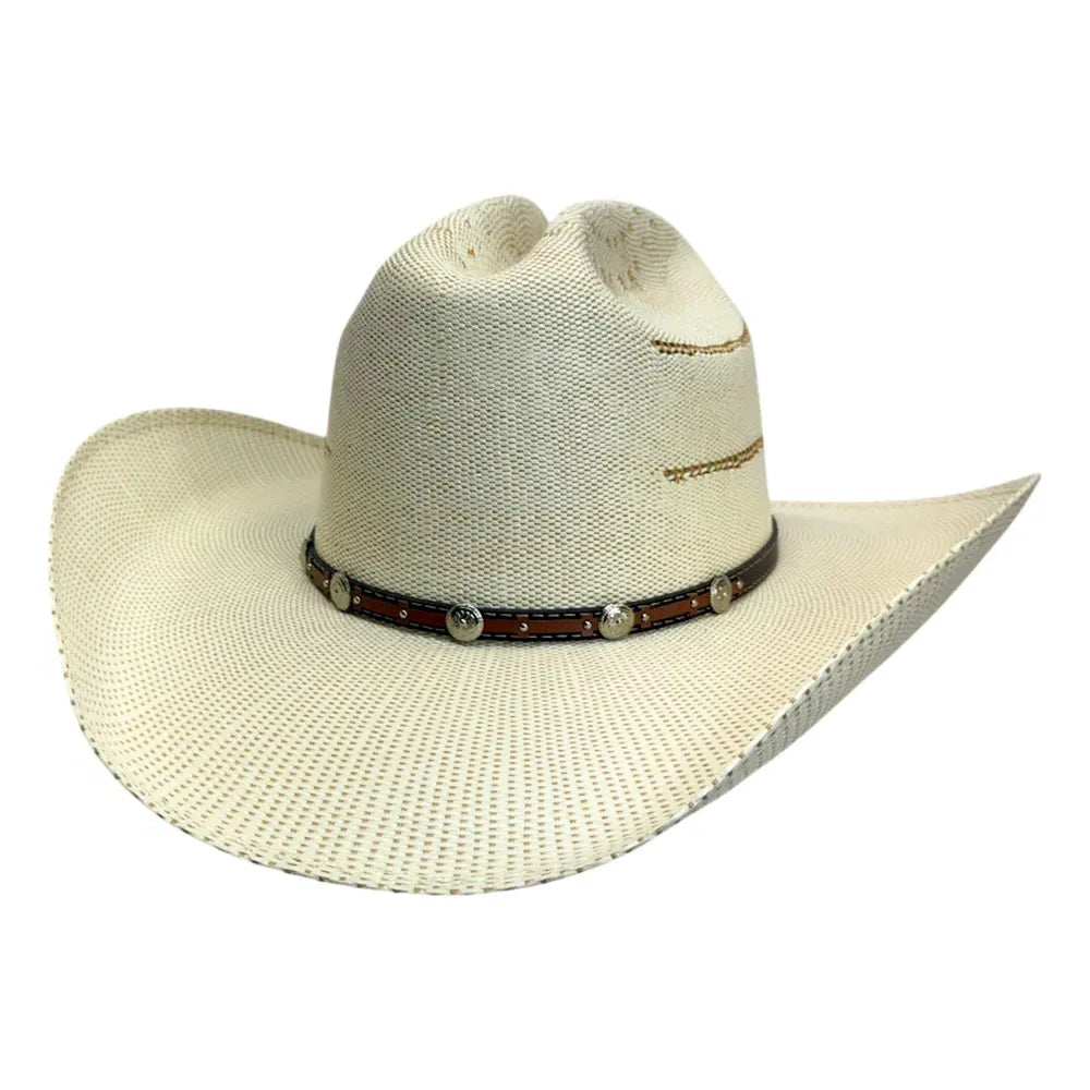 An off-white woven straw cowboy hat with a brown leather band decorated with silver-colored conchos, shown against a plain white background.