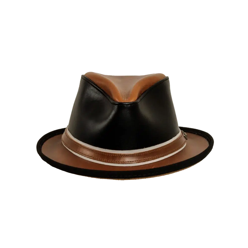 rocky black leather fedora front view