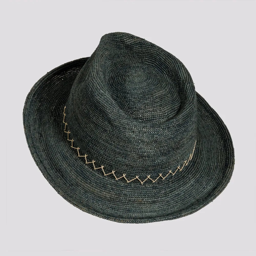 Sicily | Mens Crocheted Raffia Straw Fedora Hat with Stitching