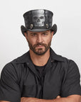 Man with a serious expression wearing a  Silver Skull Leather Hat