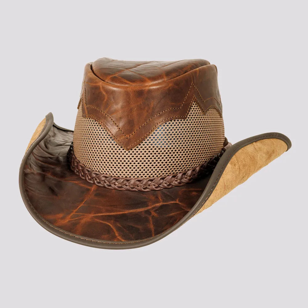 Stampede | Womens Brown Crunch Cowhide Leather Cowgirl Hat with Mesh Sides
