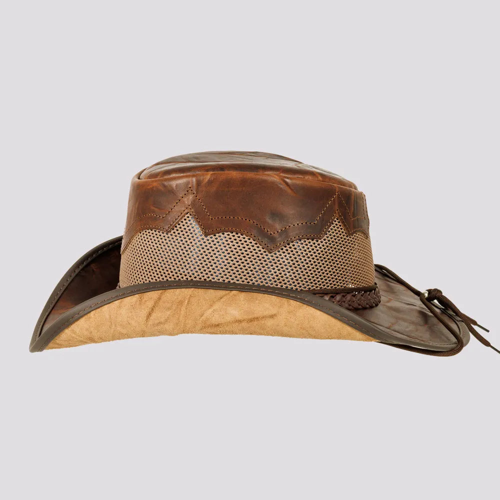 Stampede | Womens Brown Crunch Cowhide Leather Cowgirl Hat with Mesh Sides