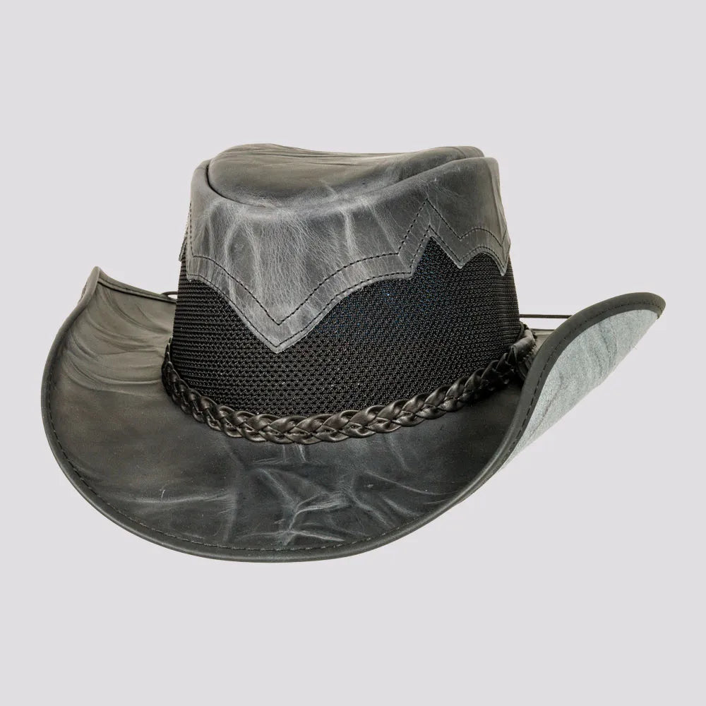 Stampede | Womens Onyx Crunch Cowhide Leather Cowgirl Hat with Mesh Sides