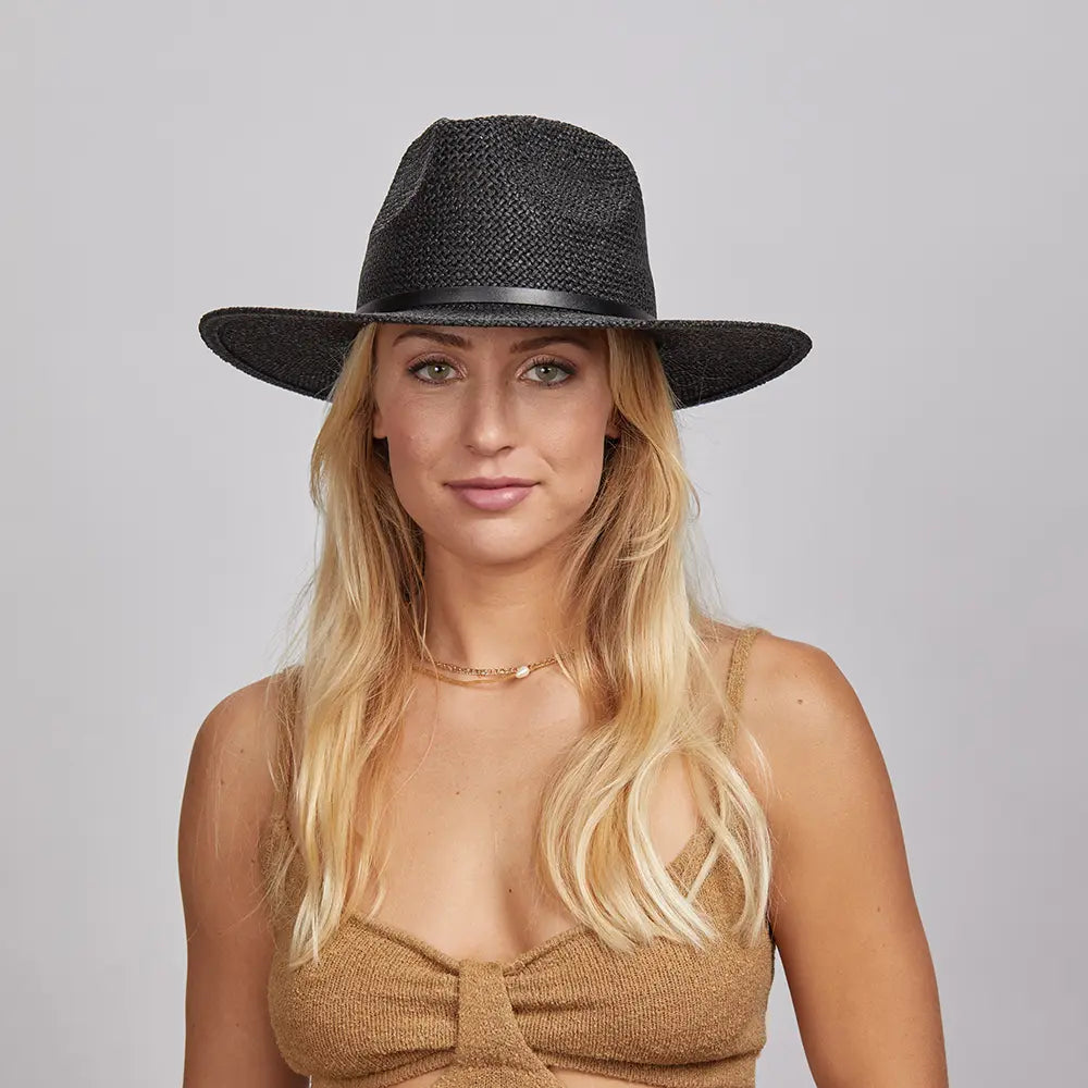 A blonde woman wearing a Titus Sun Hat and a brown top.