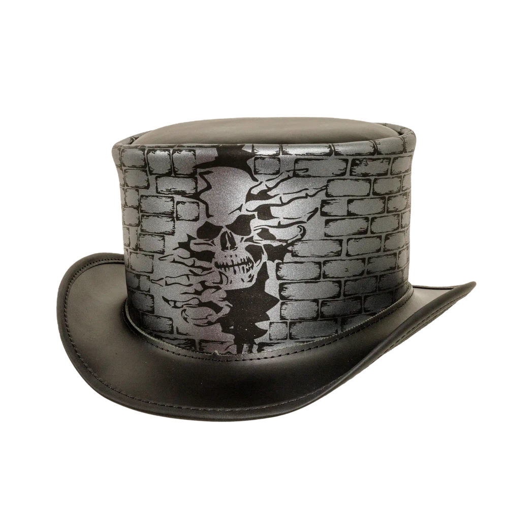 trapped black leather top hat angled view