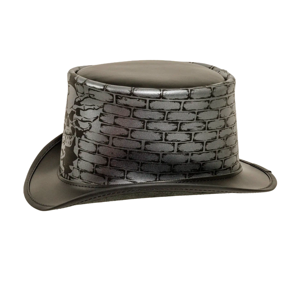 trapped black leather top hat side view