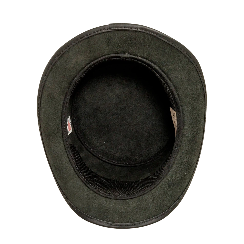 trapped black leather top hat inner view