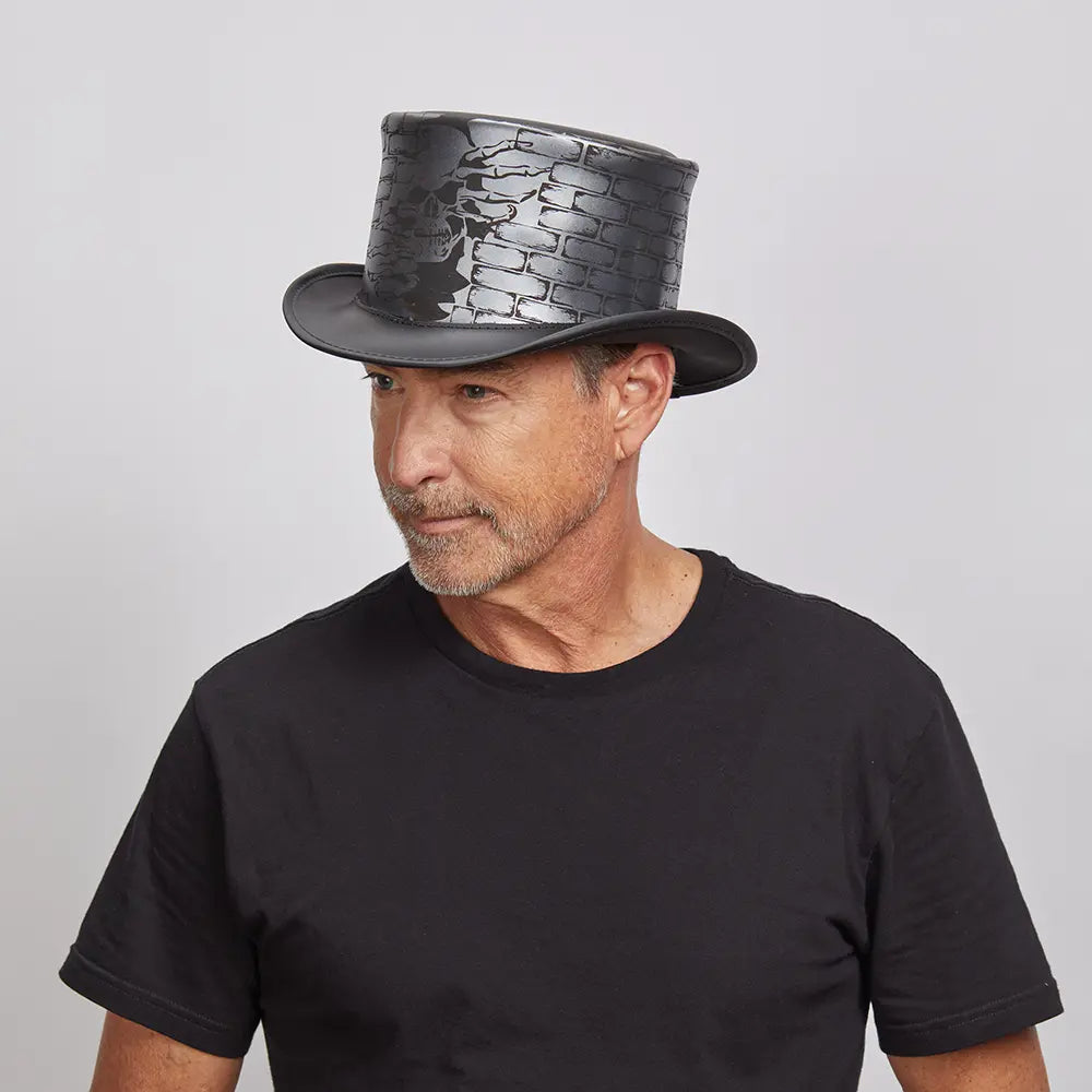 Trapped | Mens Leather Top Hat with Brick and Skull Artwork