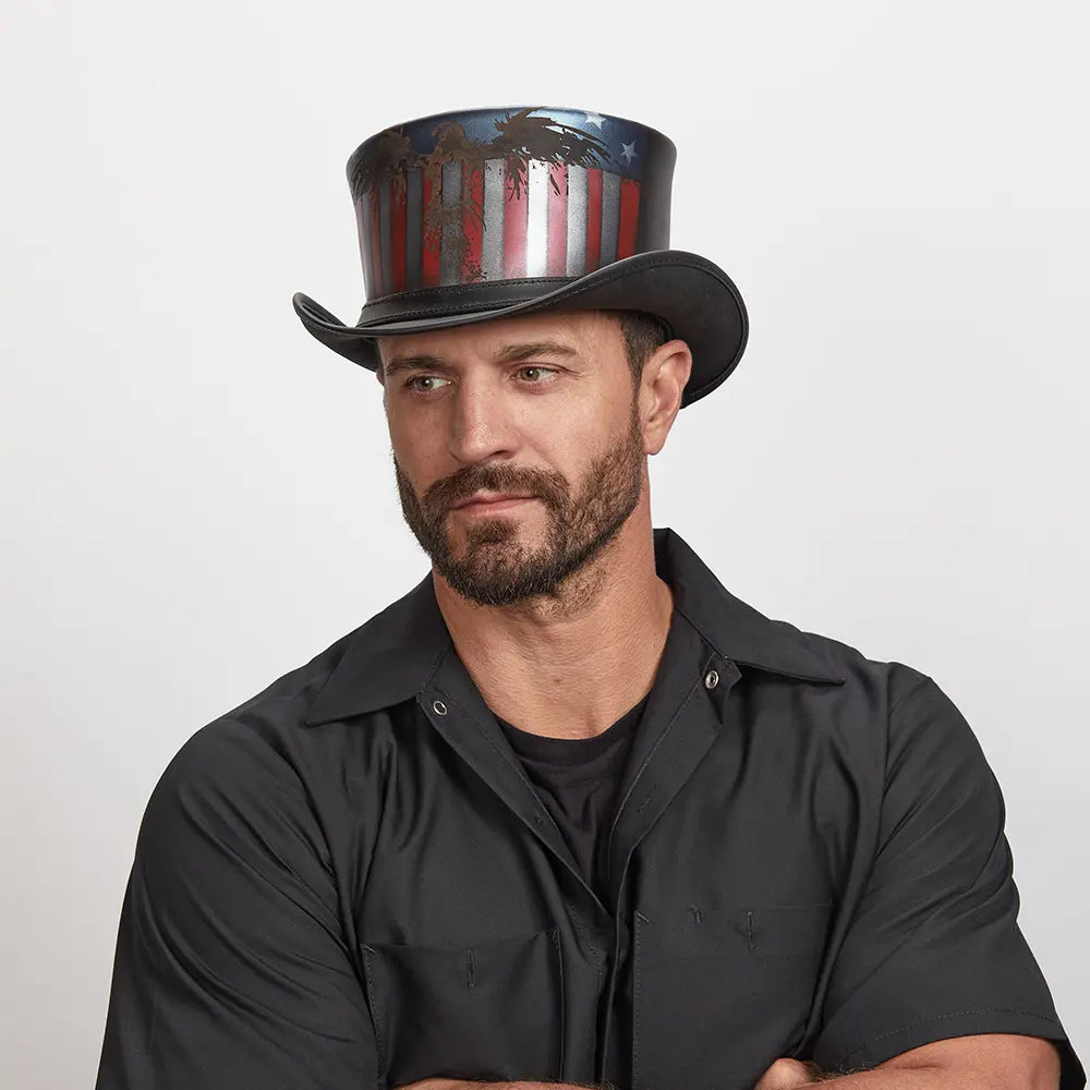 A man wearing USA Black Leather Top Hat looking to the side