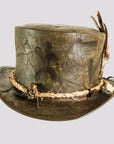 Wiccan | Mens Distressed Leather Top Hat with Skull Bone Hat Band