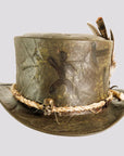 Wiccan | Mens Distressed Leather Top Hat with Skull Bone Hat Band