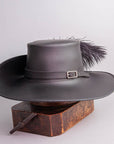 Cavalier Black Leather Hat with a Musket band by American Hat Makers