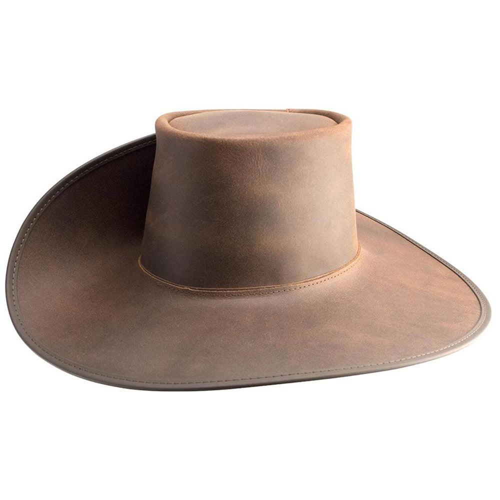 Unbanded Brown Leather Cavalier Hat by American Hat Makers back view