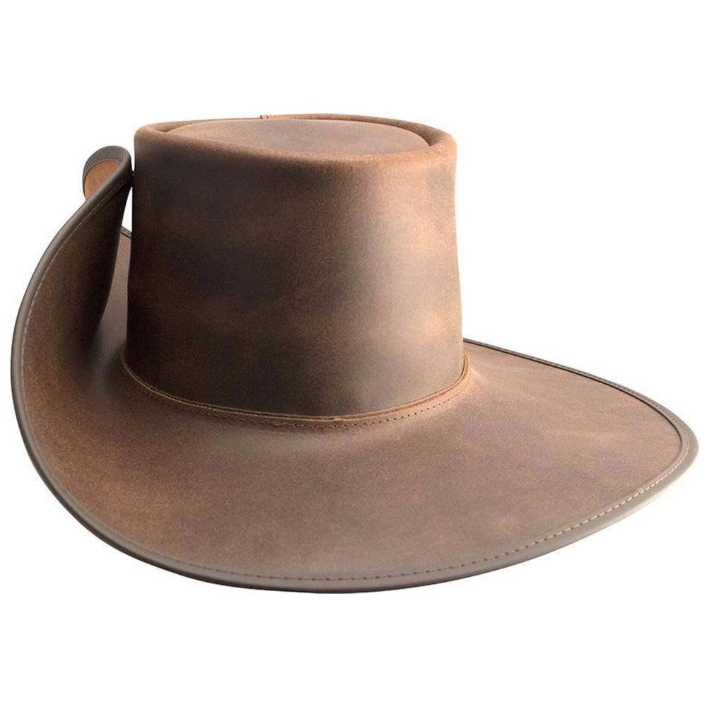 Unbanded Brown Leather Cavalier Hat by American Hat Makers front view