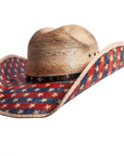 Patriot distressed straw cowboy hat by American Hat Makers front angled view