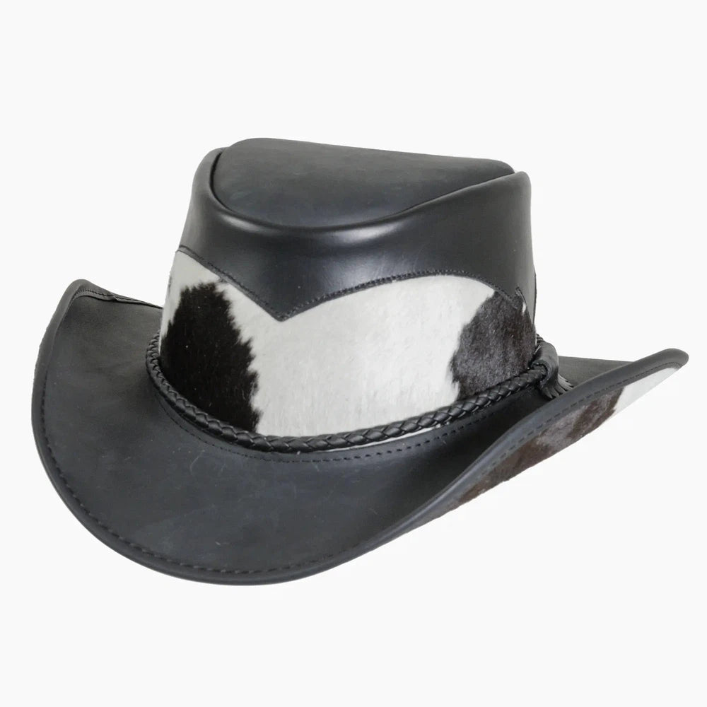 An angle view of a Pinto Black leather cowboy hat