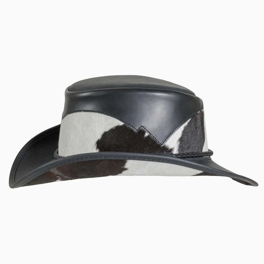 A side view of a Pinto Black leather cowboy hat