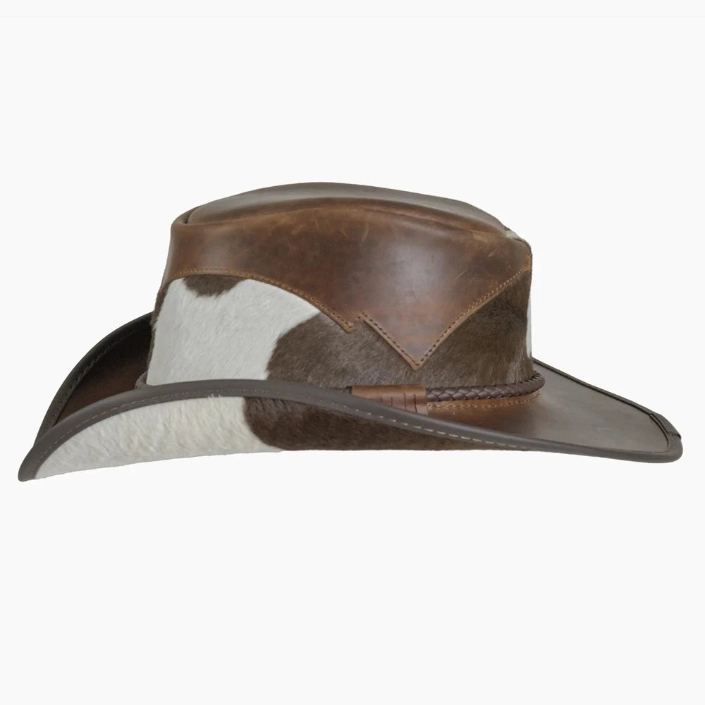 A side view of a Pinto brown leather cowboy hat