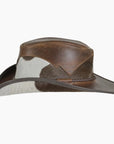 A side view of a Pinto brown leather cowboy hat