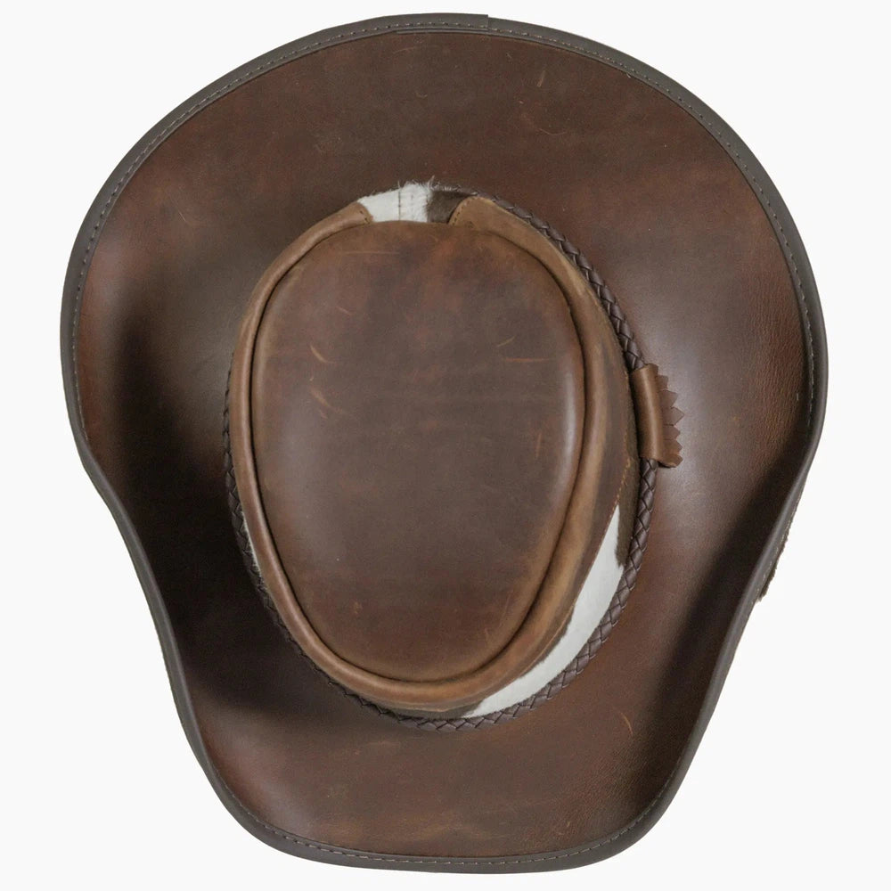 A top view of a Pinto brown leather cowboy hat
