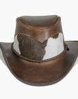 A front view of a Pinto brown leather cowboy hat