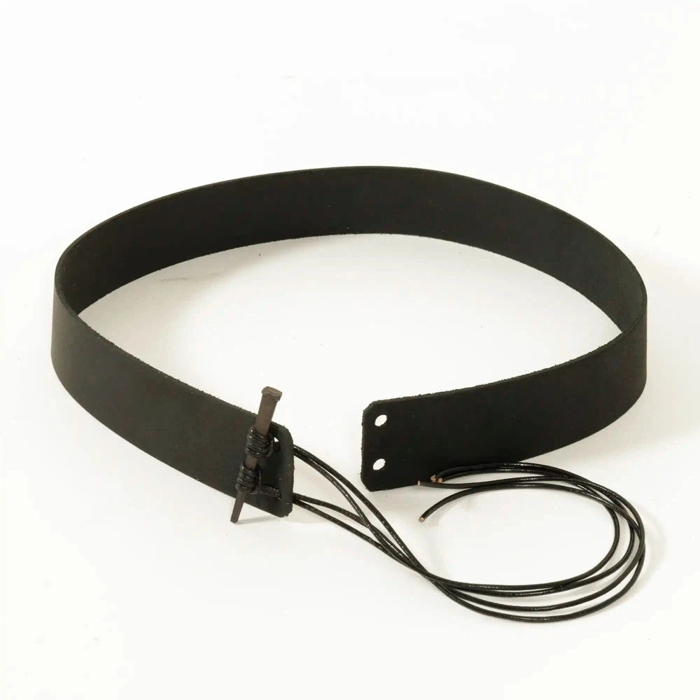 A back view of a Rawhide black leather hat band