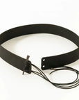 A back view of a Rawhide black leather hat band
