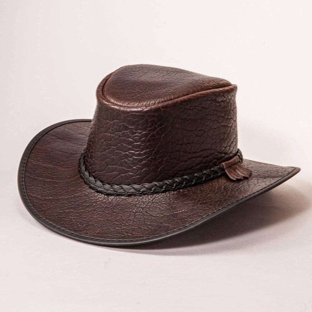 Roughneck Chocolate Buffalo Leather Hat by American Hat Makers angled view