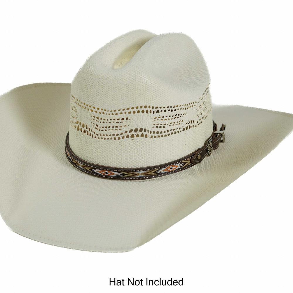 Brown Stitch Leather Cowboy Hat Band on a Cream Hat