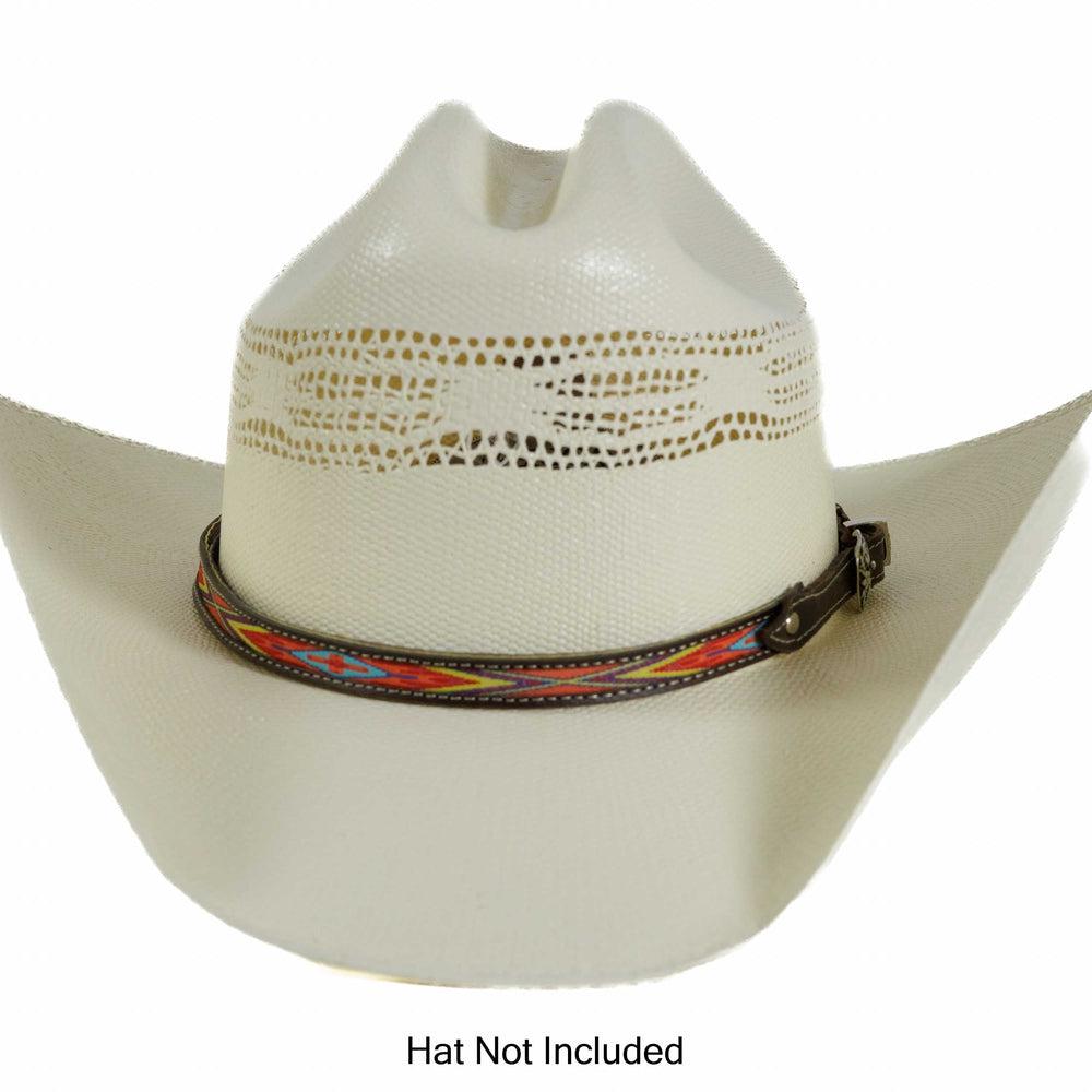 Red Stitch Leather Cowboy Hat Band on a cream hat