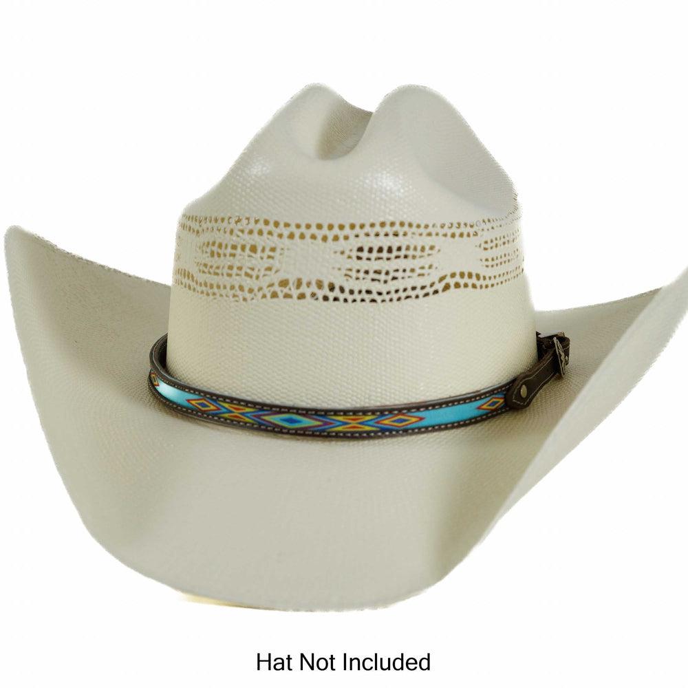 Turquoise Stitch Leather Cowboy Hat Band on Cream Hat