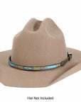 Turquoise Stitch Leather Cowboy Hat Band on a tan felt hat