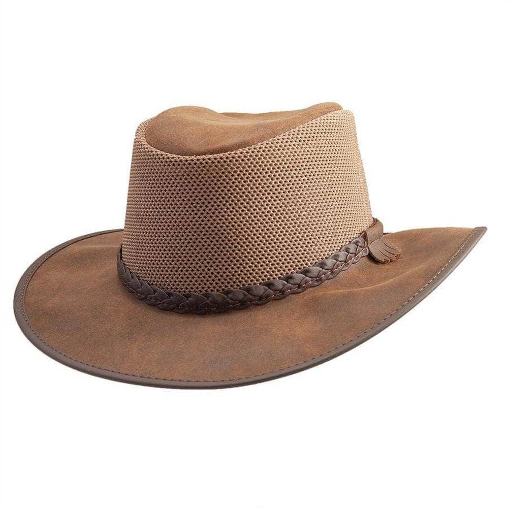 A right angled view of Breeze Bomber Brown Leather Mesh Sun Hat 