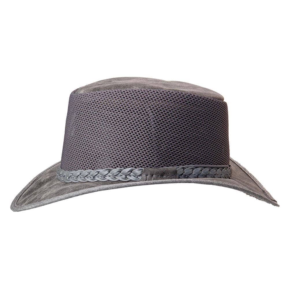 A side view of a Breeze Bomber Grey Leather Mesh Sun Hat 