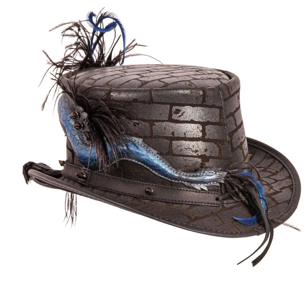 A back angled view of a Dragon of Darkness Leather Top Hat