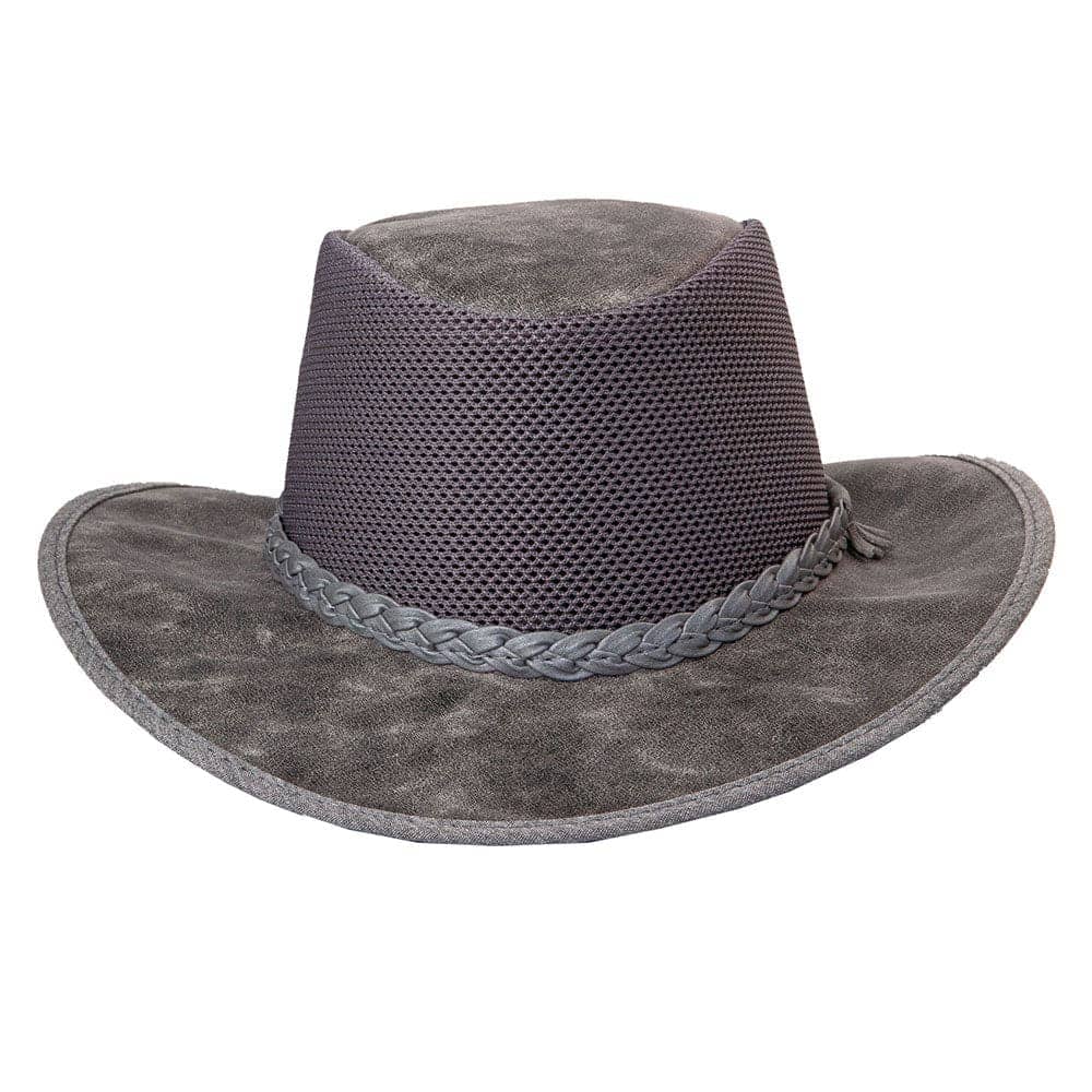 A front view of a Breeze Bomber Grey Leather Mesh Sun Hat 