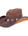 An angle view of a Leather Cowboy Hat with 3" Brim and 4" Crown 