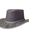 An angled side view of a Breeze Bomber Grey Leather Mesh Sun Hat 